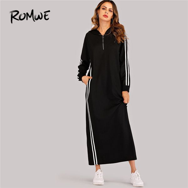 

romwe black hooded long sleeve straight maxi sweatshirt dress women spring autumn side striped tape zipper up h hoodie dresses, Black;pink