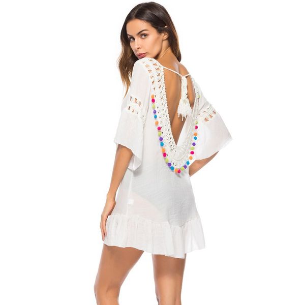 

cross border selling backless hook hollow out furry ball tassels bikini outdoor cover-up seaside holiday sun shirt, Black
