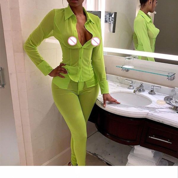 

women transparent two piece set 2019 long sleeve pencil pants summer suit casual party tracksuit, White