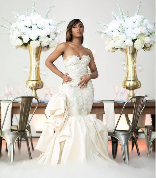 

african mermaid wedding dresses lace appliques sweetheart ruched stain bridal gown bridal gown dubai robe de mariee, White
