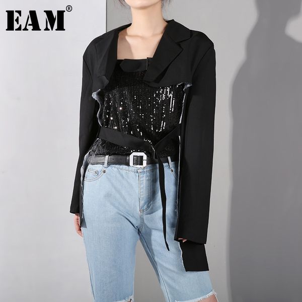 

eam] 2020 new spring summer lapel long sleeve black hollow out buckle split joint loose jacket women coat fashion tide we36, Black;brown