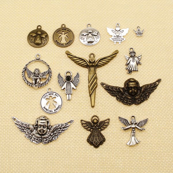 

60 pieces metal charms or bracelet charms round angel wings hj018, Bronze;silver