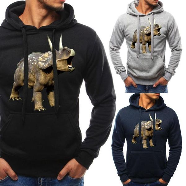 

men long-sleeves hoodie dinosaur winter drawstring hooded sweatershirt, Black