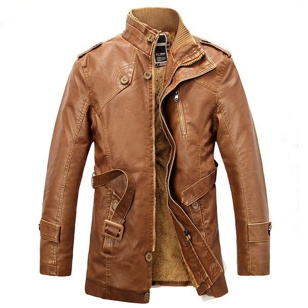 

mens casual winter fleece jackets coats long section faux fur warm pu leather jackets coat trench male coat 4xl, Tan;black