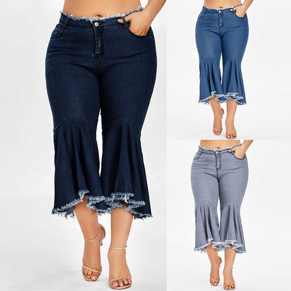 

women summer pants 2019 new stretch jeans female loose denim pocket button casual boot cut pant jeans y521, Blue