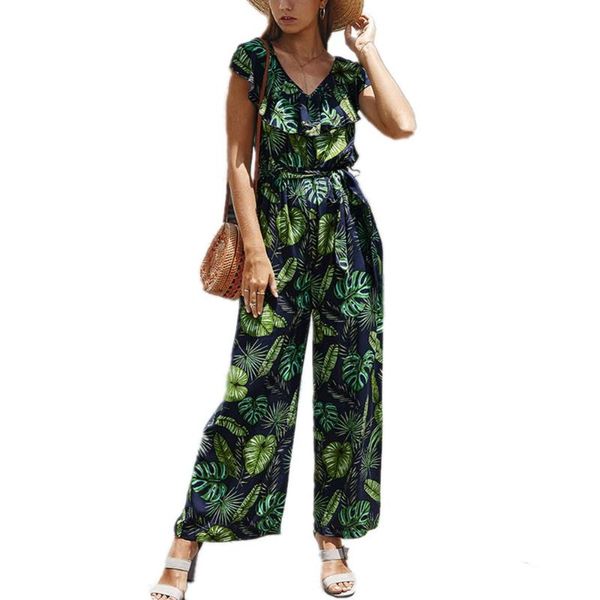 

women casual bodysuit women summer sleeveless floral print v-neck wide leg jumpsuit casual beach romper, Black;white
