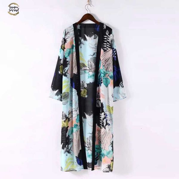 

women boho floral printed long blouse loose shawl kimono cardigan boho beach cover up shirt outwear blusa mujer feminino#4, White