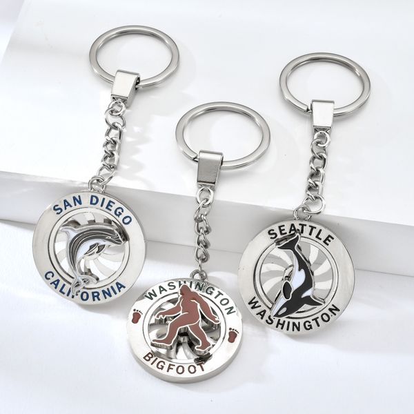 

washington seattle san diego california keychain dolphin whale and bigfoot pattern keyring, Silver