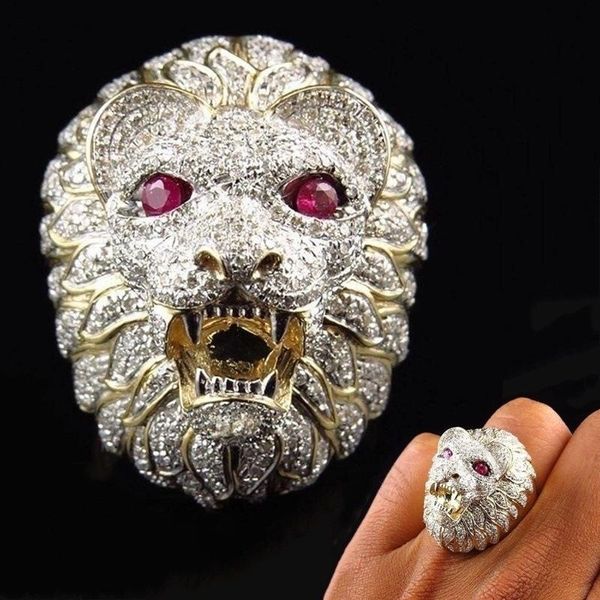

мода ювелирные изделия классические головы алмазы лев мужчины кольцо punk rock designer кольца 18k позолоченный роскошные кольца модные коль, Golden;silver
