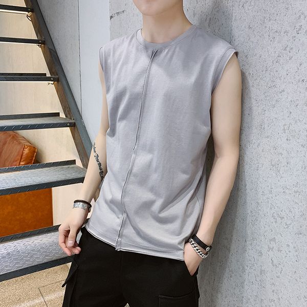 

men base shirt fashion solid color short sleeve men's hong kong style t-shirt sleeveless vest crew neck waistcoat t-shirts, White;black