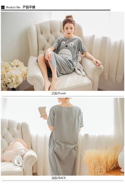 

summer women's knit cotton loose pajamas short sleeve cartoon lively cute kitten sleeping skirt house clothes substitute hair, White