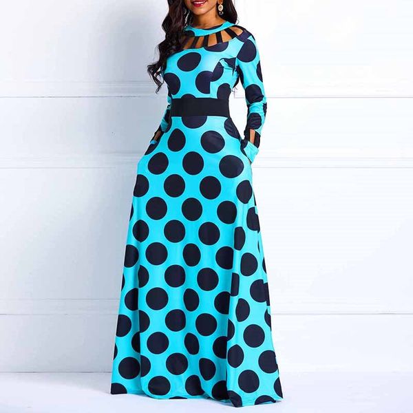 

wave point long sleeve contrast color maxi dress, Black;gray