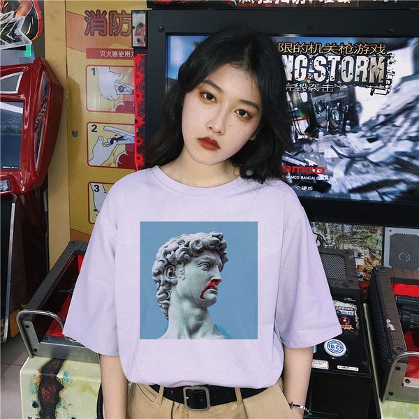 

michelangelo summer female harajuku short-sleeved hip-hop new large size david print fashion fun ulzzang o-neck shirt, White