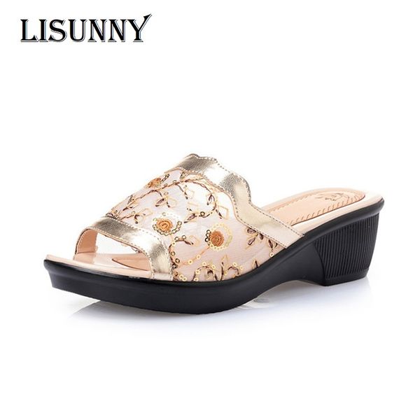 

lisunny women slippers heel lace mesh summer 2019 fashion genuine leather women sandals wedges lady flip flops big size 35-43, Black