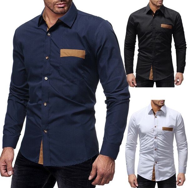 

mens long sleeve slim fit pocket formal dress shirt designer casual luxury shirts regular fit, White;black
