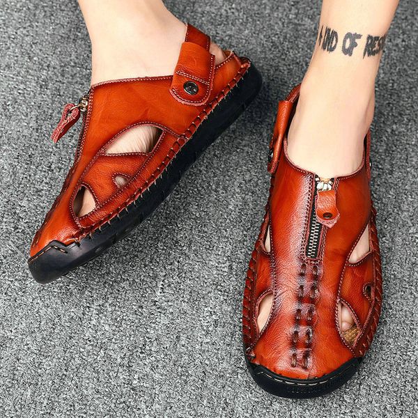 

2020 comfortable handmade men sandals genuine leather soft summer men's shoes retro sewing casual beach shoes big size 38-48, Black