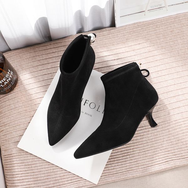 

2019 women high heels boots pearl tightness fashion ankle boot 5cm flock black pumps buckle slip on pointed toe female shoes