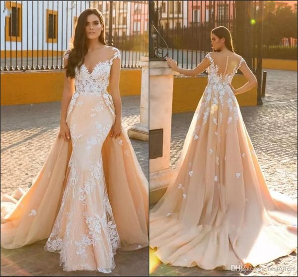 

cap sleeves champagne wedding dresses with appliques lace sleeveless mermaid bridal gowns with overlay skirt custom made, White