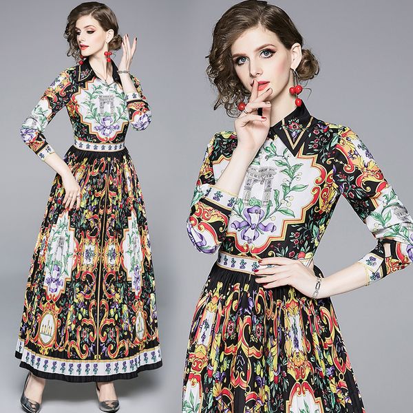 

new street style runway women's fashion printed shirt maxi dress elegant long sleeve lapel neck office lady slim party evening dresses, Black;gray