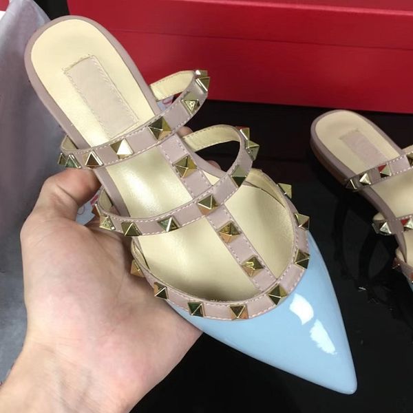 

fashion stud sandals genuine leather ladies slingback pumps flat heel rivets shoe party shoes, Black