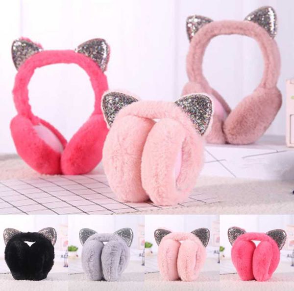 

2020 foldable cat ear earmuffs sequin women girl fur plush ear warmer muffs glitter headband cartoon 3d earlap, Blue;gray