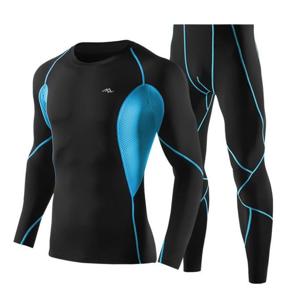 

2019 men's sportswear fitness running sets compression men rashguard male long sleeve bodybuilding running yoga set sport suit, Black;blue