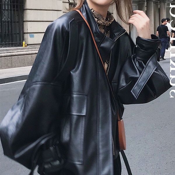 

pu new autumn streetwear women loose black short pu faux leather jacket casual female motorcycle biker pocket coat outwear