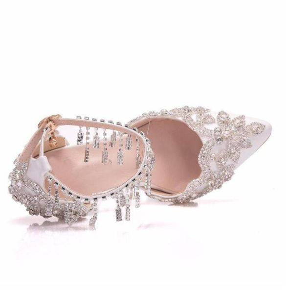 

white crystal shoes tassel wristband wedding shoes bride high heels sandals female dress pumps wedges classic look, Black
