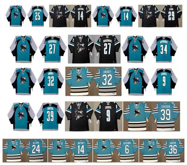

vintage san jose sharks jersey 24 doug wilson 14 vincent damphousse 29 ryane clowe 14 ray whitney sandis ozolinsh jeff odgers retro hockey, Black;red
