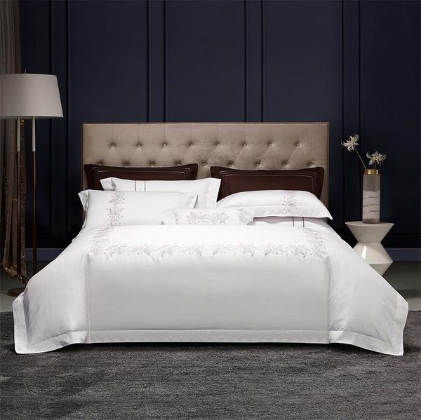 

4pcs leaves embroidered duvet cover set 100s egyptian cotton bedding sheets pure white bedclothes lace edge pillow shams king