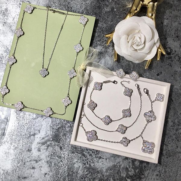 

винтаж s925 стерлингового серебра большой керамический четырехлистный клевер цветок шарм кулон свитер ожерелье для женщин, Silver