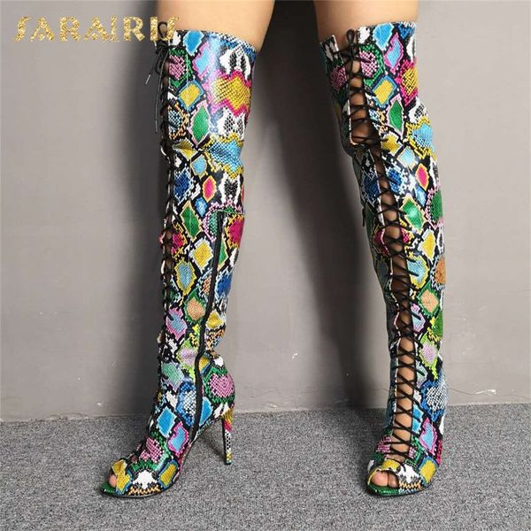 

sarairis luxury big size 35-47 colorful snake print women shoes woman thin high heels summer boots over the knee boots, Black
