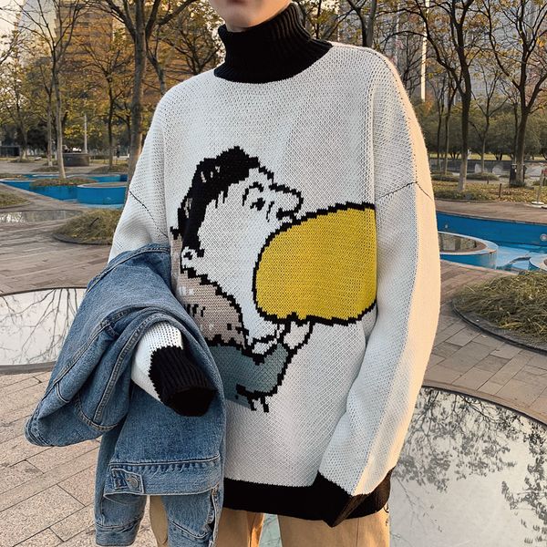 

2018 autumn and winter korean edition new male cartoon image thickened turtleneck sweater loose large size casual pullovers, White;black