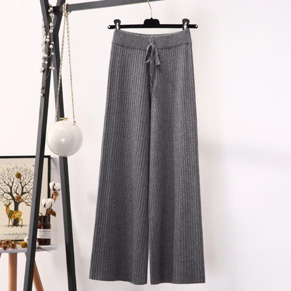 

2020 осень зима новый толстые casual straight pant женщины женщины кулиской сыпучие вязаные широкие ноги штаны casual для брюк, Black;white