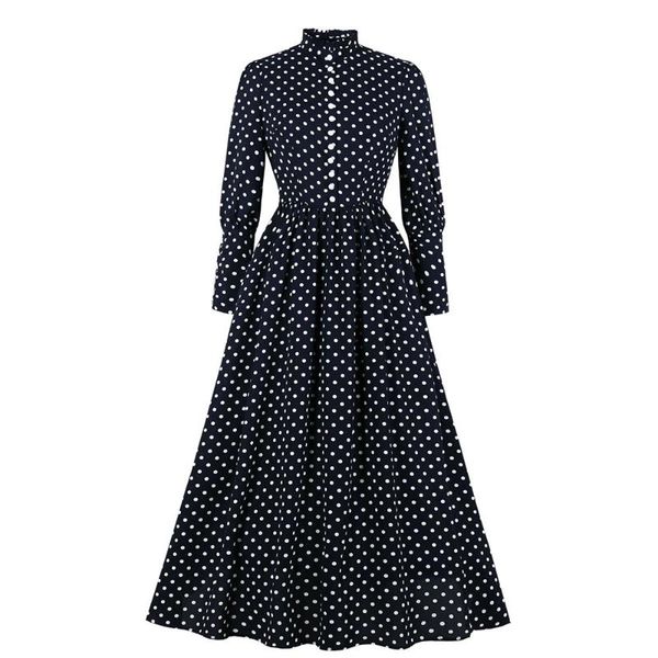 

black retro polka dots dresses stand collar a line ankle-length dresses date night long sleeve french chic dot, Black;gray