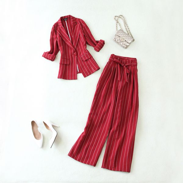 

женщины elegant striped брючный костюм мода белый пиджак и пиджак полосатый широкий ноги штаны элегантный двухсекционный набор женский костю, White;black