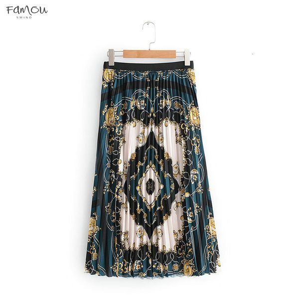 

Women Flower Print Female Pleated Vintage New Arrival Lady Skirt Skirts Casual Chic Midi Skirts Faldas Mujer Qj11