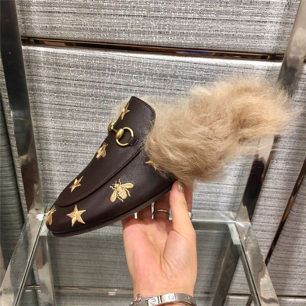 

designer fur mule princetown leather slipper for women luxury embroidered slipper genuine leather canvas velvet casual shoes us5-10.5, Black