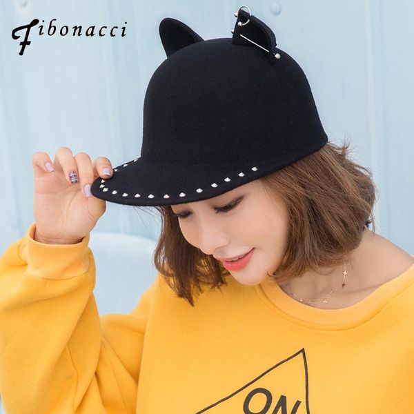 

fibonacci cat ears fedoras fashion wool felt black hat metal rivet decoration women fedora equestrian cap, Blue;gray