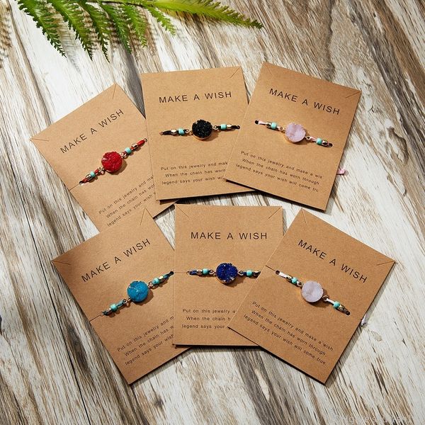 

make a wish colorful natural stone woven paper card bracelet adjustable lucky red string rope charm bracelets bangle femme fashion jewelry, Golden;silver