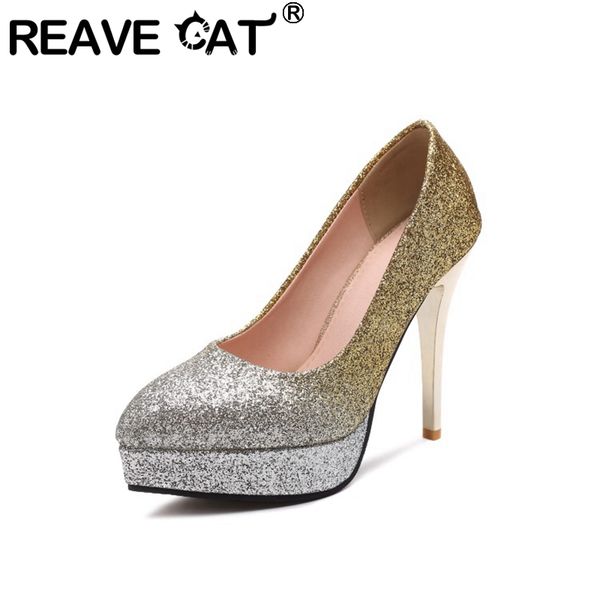 

reave cat women spring bling pumps pointed toe 12cm thin heels slip on glitter platforms large size 33-43 wedding a2783, Black