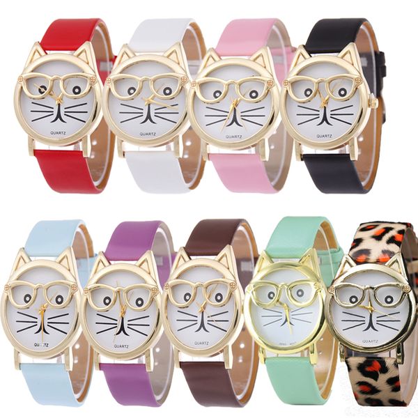 

2019 fashion glasses cat watch fashion leather strap case material stainless wrist watch women watches quartz clock new, Slivery;brown
