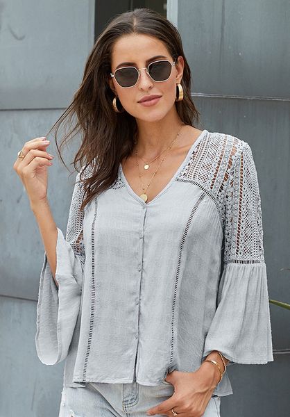 

women crochet blouse embroidery button lace hollow out long flare sleeve v-neck fashion lady shirt loose fit outfit dlm252296, White