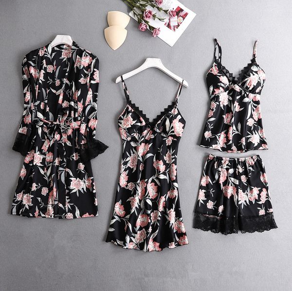 

2019 winter elegant satin sleepwear female pyjama women pajamas suit lace slik sleep lounge 4 pieces sets ladies home wear, Black;red