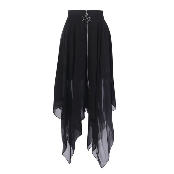 

dark fashion punk style skirt women summer irregular mesh elastic waist zipper skirt for gothic girl street wear, Black