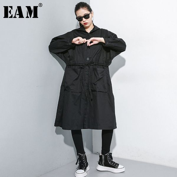 

eam] women big size oversize pocket trench new hooded long sleeve loose fit windbreaker fashion tide autumn winter 2019 1a691, Tan;black