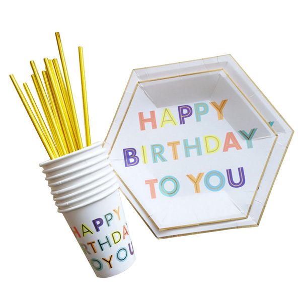 

49pcs paper tableware safe disposable gilding paper cups plates straws carnival birthday party supplies