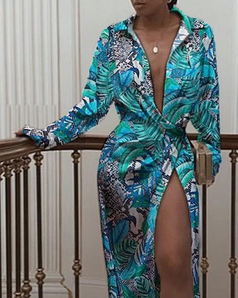 

women long sleeve tropical print ruched thigh slit shirt dress casual maxi dress workwear vestidos, Black;gray