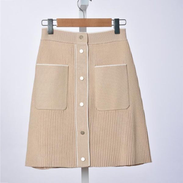 

2020 новых женщин вязаные мини-юбки высокой талией однобортный упругие stretch ladies женский короткая юбка с карманами, Black