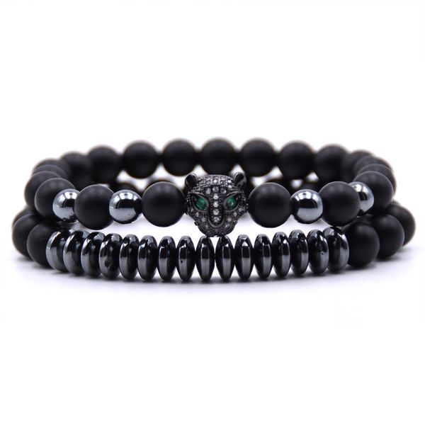 

2pcs/set 2019 popular 8mm matte black bead bracelets for men&women micro pave cz leopard head bracelet jewelry bijoux